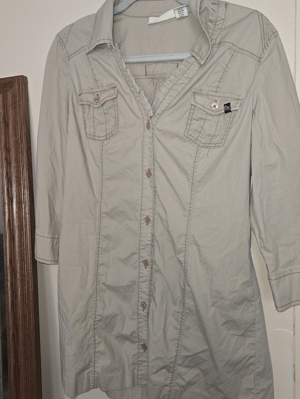 DKNY Jeans Cotton Button Front Shirt Dress M Light Beige Safari Utility Tunic